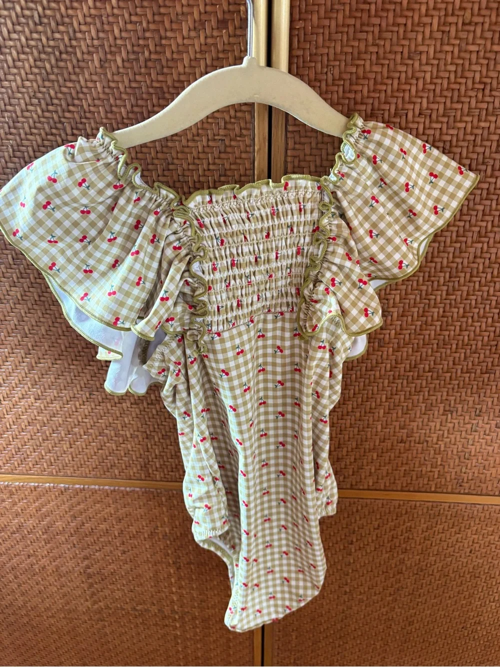 Zara Gingham One-Piece with Cherry Print and Ruffle Shoulders